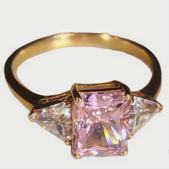 10K Yellow Gold Pink CZ Ring with Clear CZ Accents - Picture 2 of 5